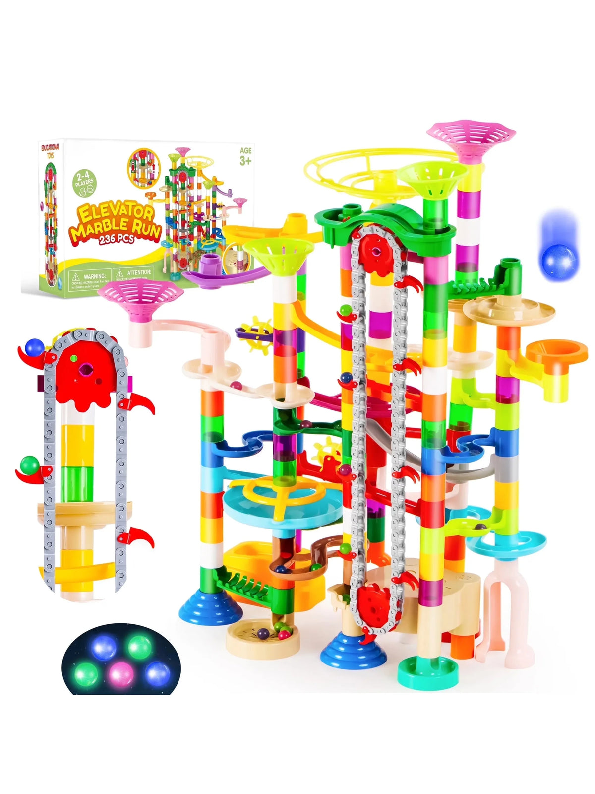 Joyfy 236 Pcs Glowing Marble Run Set with Motorized Elevator – 236 pcs Set