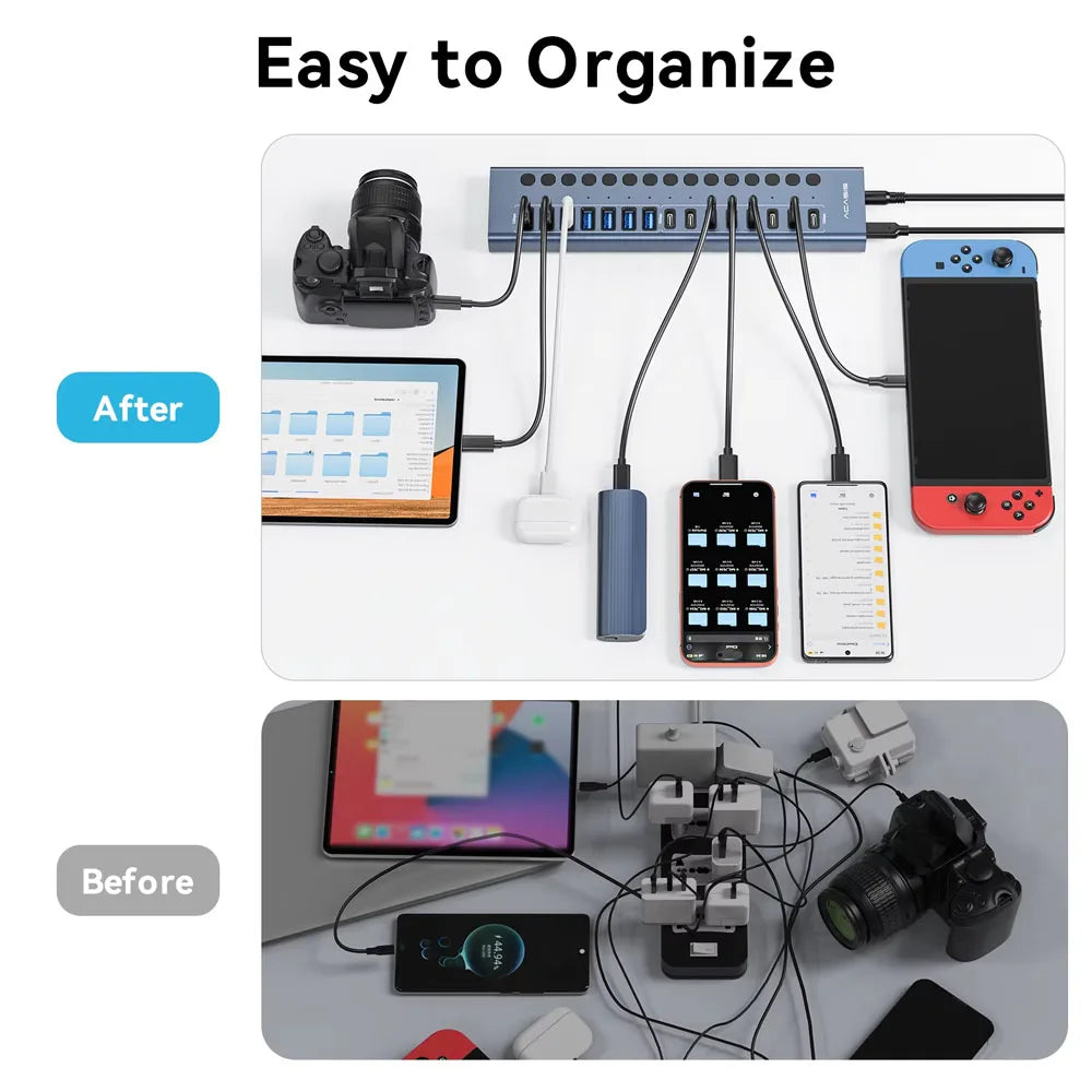 Before and after comparison of a desk setup using a 16-port USB hub for cable organization.