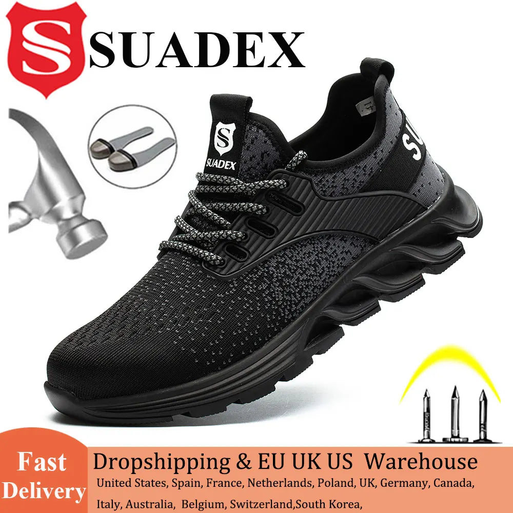 Black and grey steel toe safety sneaker with hammer and nail graphics