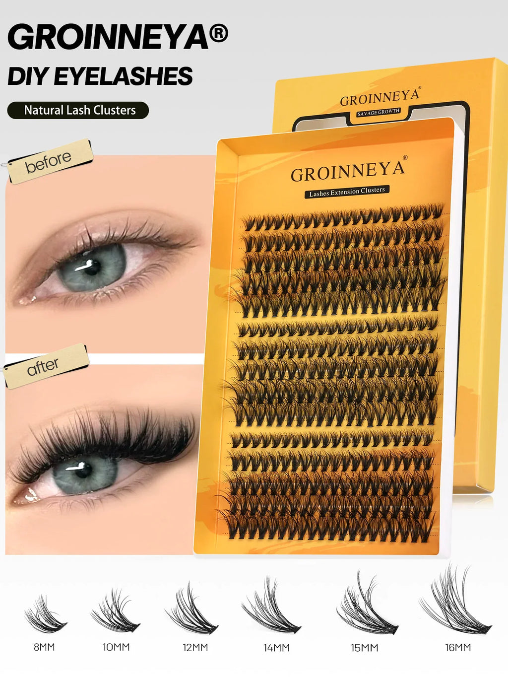 Cluster eyelash extensions in a tray with multiple length options and application examples.