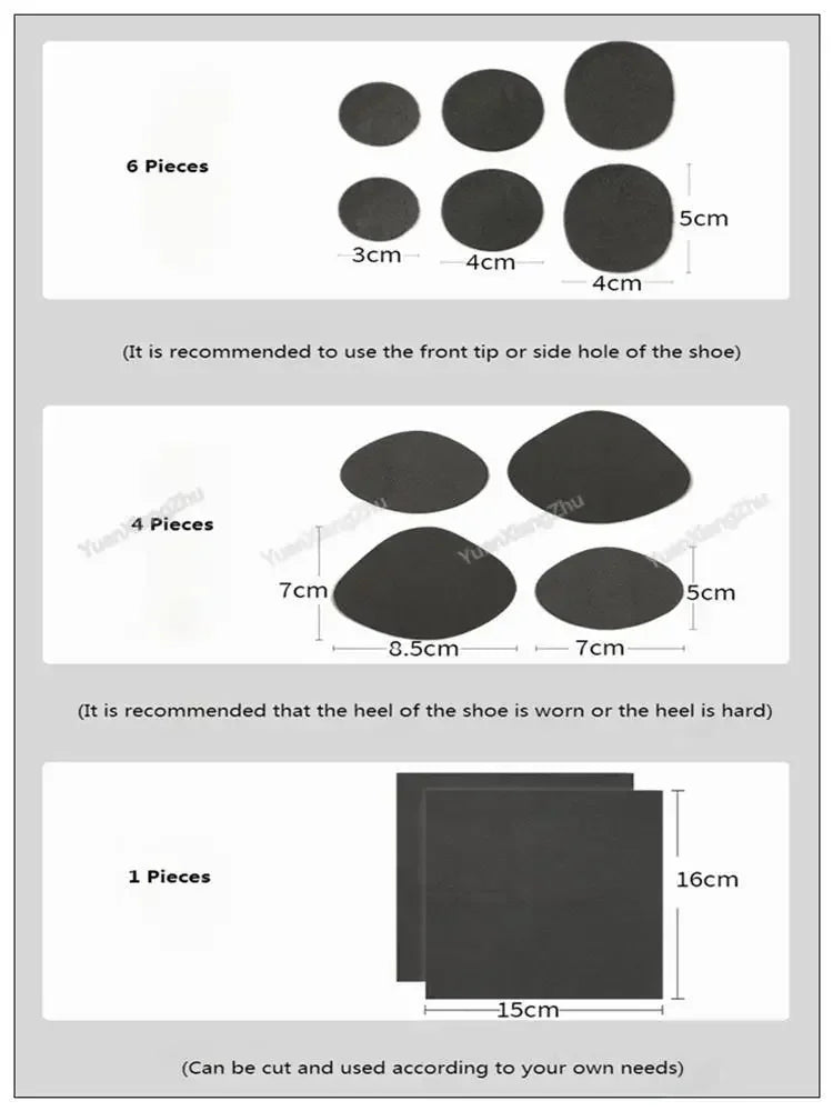 Size guide for various sets of shoe repair patches with measurements in centimeters