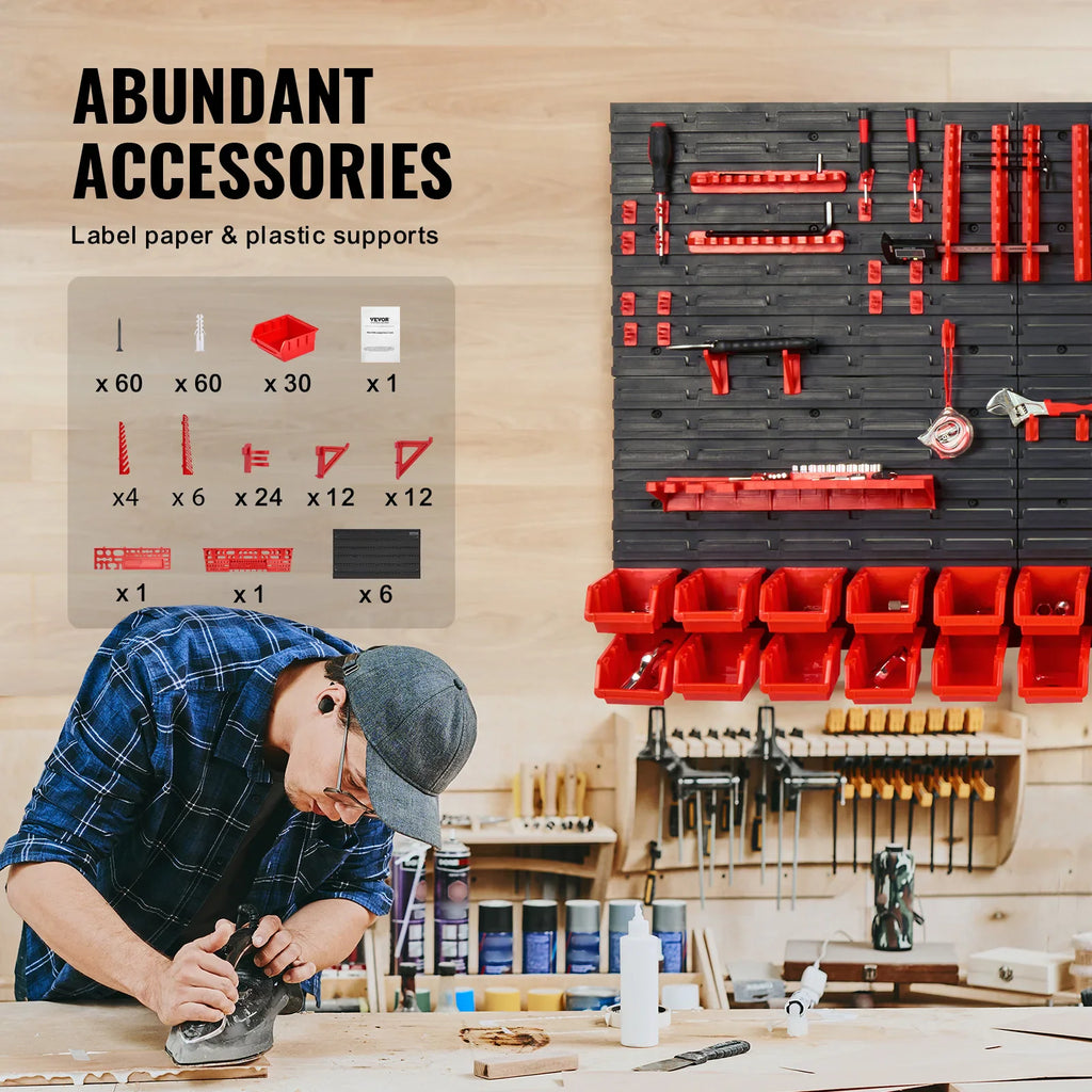 Wall-mounted workshop organizer with a list of included accessories and mounting hardware
