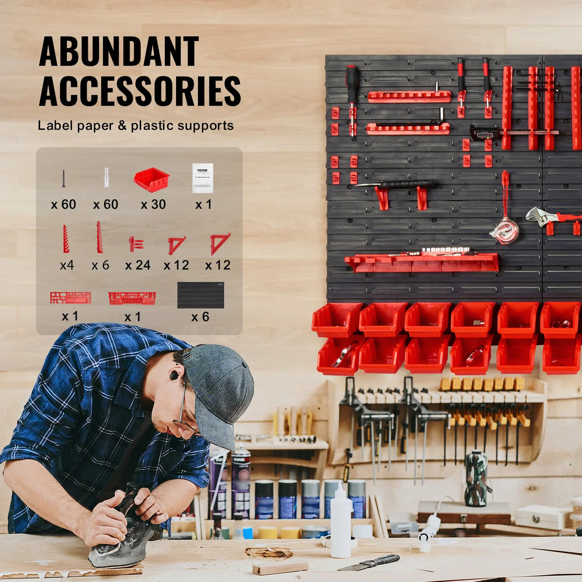 Wall-mounted workshop organizer with a list of included accessories and mounting hardware