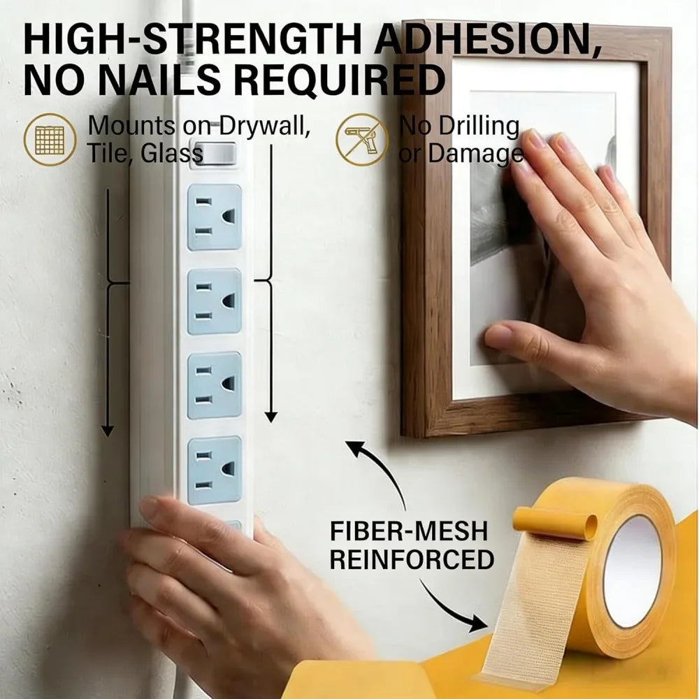 Instructional photo showing how to use adhesive tape to mount a power strip and a picture frame on a wall.
