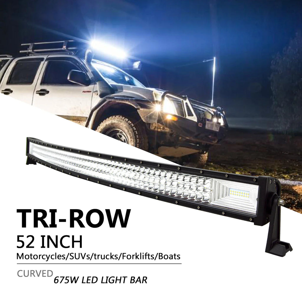Curved tri-row LED light bar displayed over an off-road truck scene