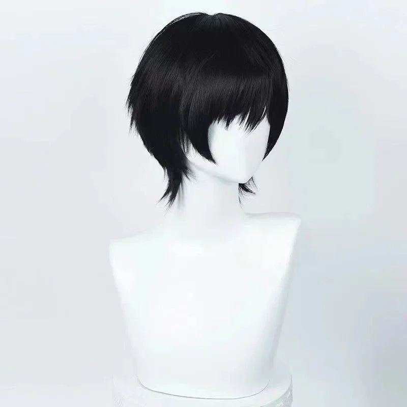 Short black cosplay wig on a white mannequin head, angled front view