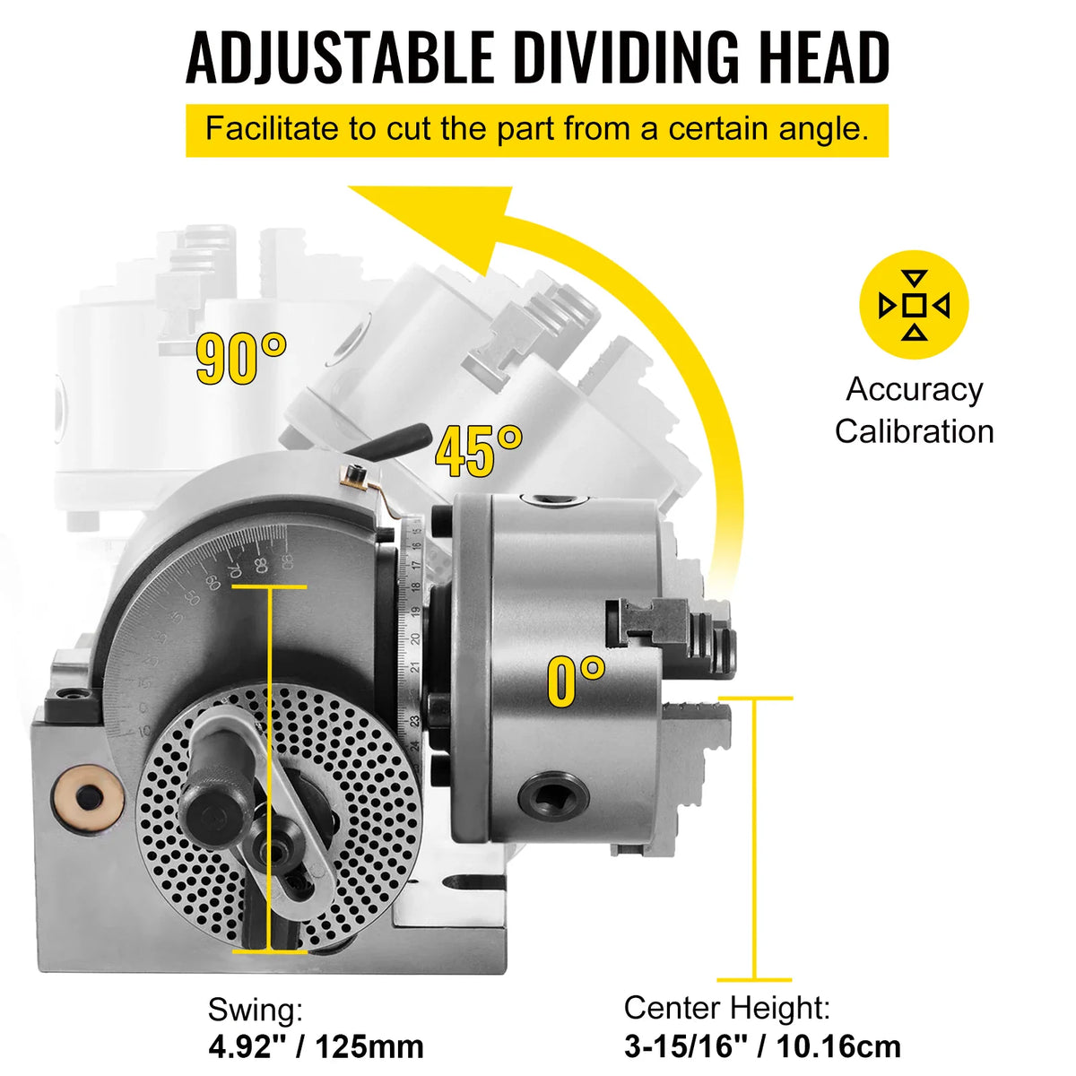 Adjustable 3-jaw dividing head showing angle range and dimensions