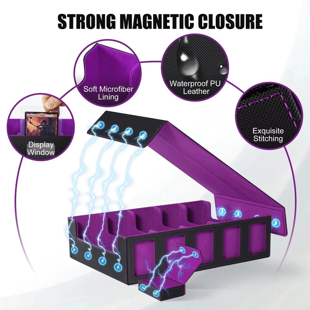 Detailed view of the magnetic closure and interior features of a 5-row trading card storage box with microfiber lining.