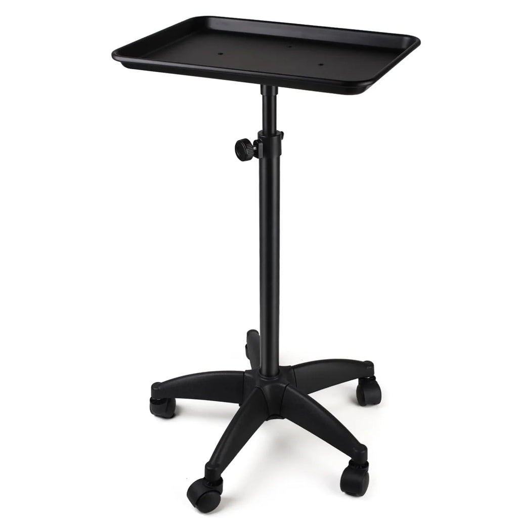 Black rolling salon cart with a rectangular tray and five caster wheels