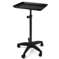 Black rolling salon cart with a rectangular tray and five caster wheels