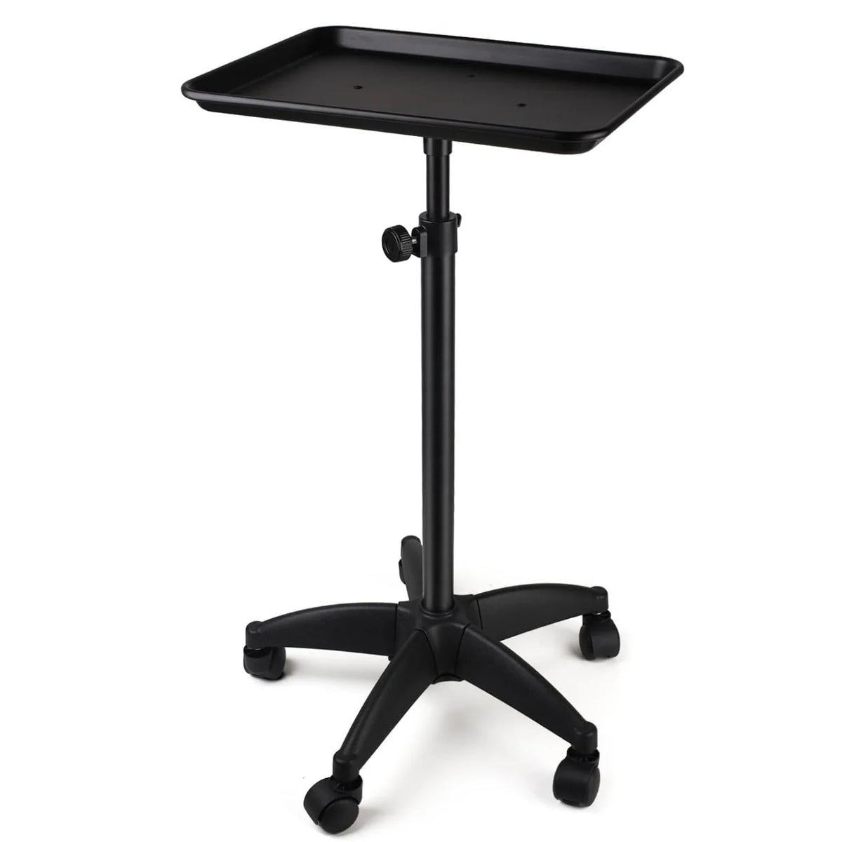 Black rolling salon cart with a rectangular tray and five caster wheels