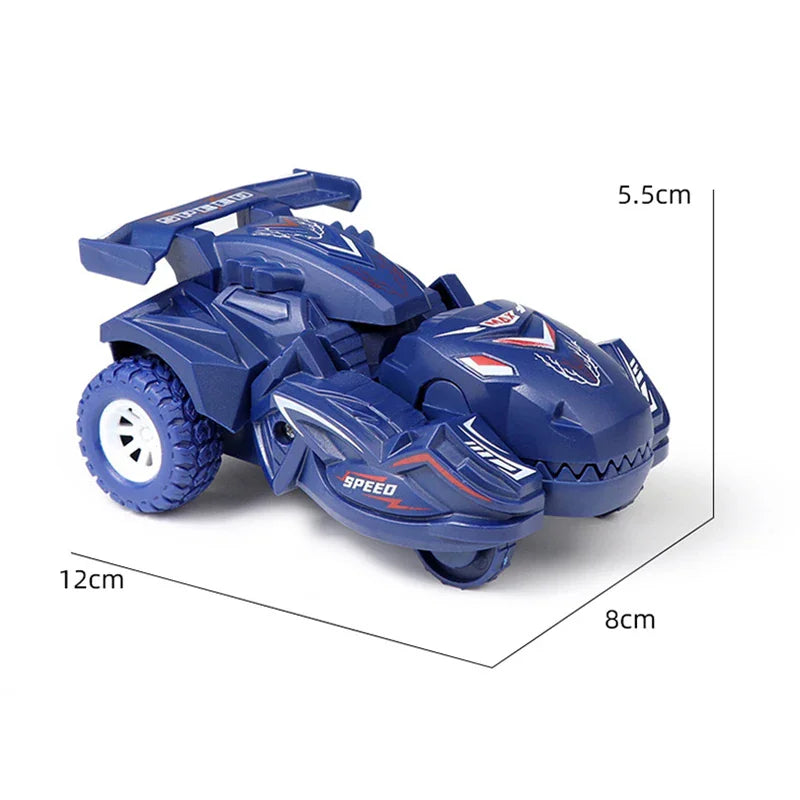 Blue dinosaur transforming car toy with size measurements