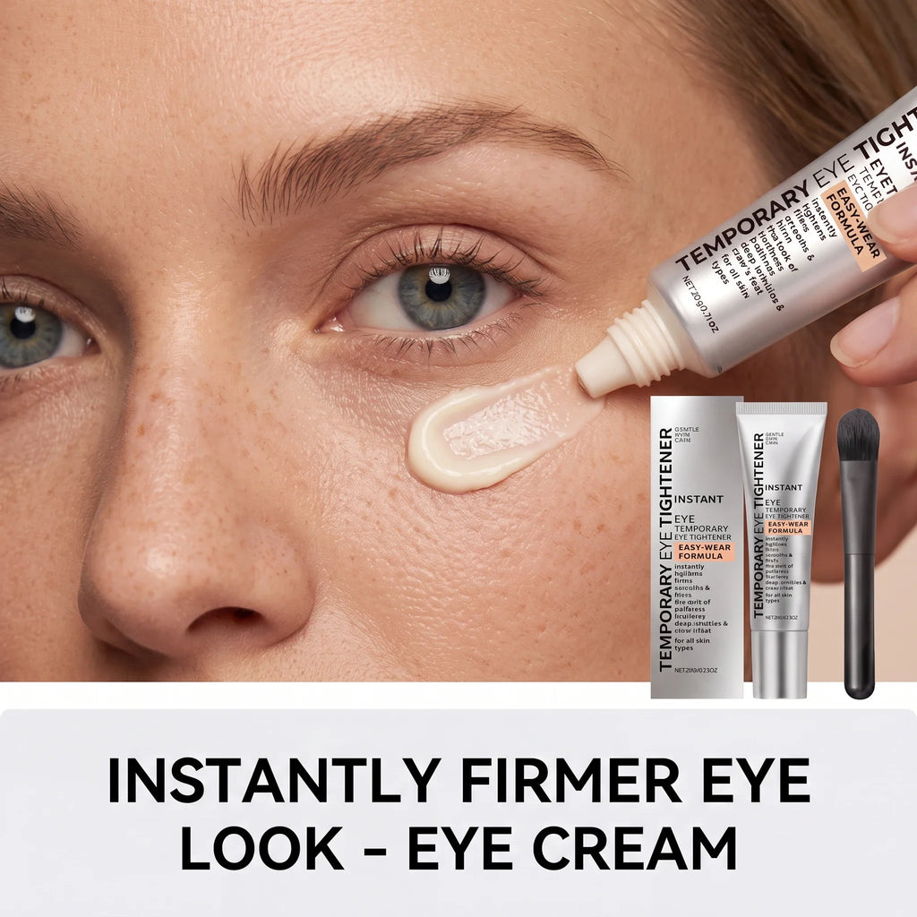 Close up of model applying temporary tightening eye cream with brush