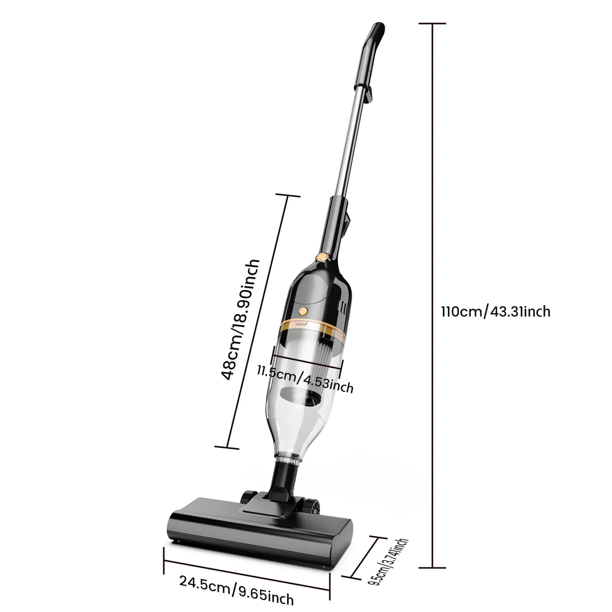 Black stick vacuum cleaner with superimposed dimensions in centimeters and inches