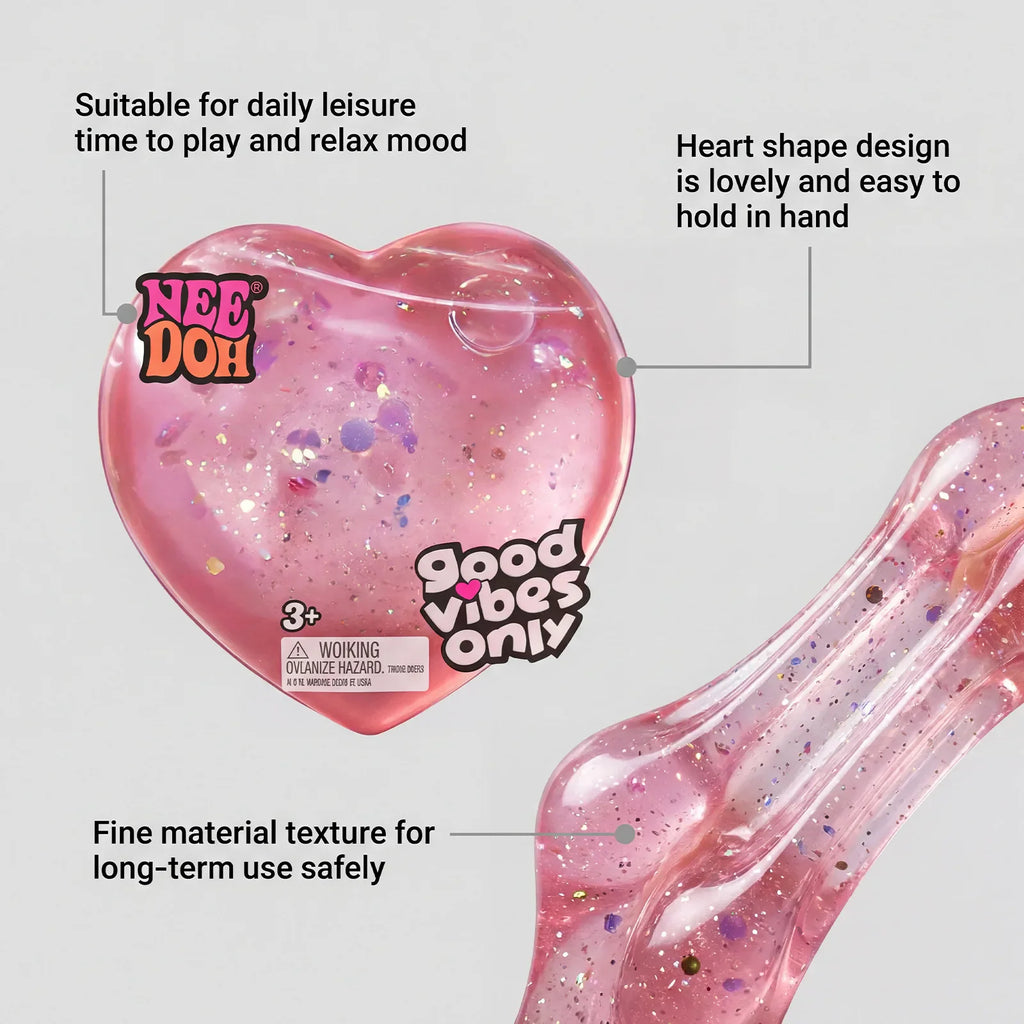 Pink heart shaped stress relief toy with feature callouts