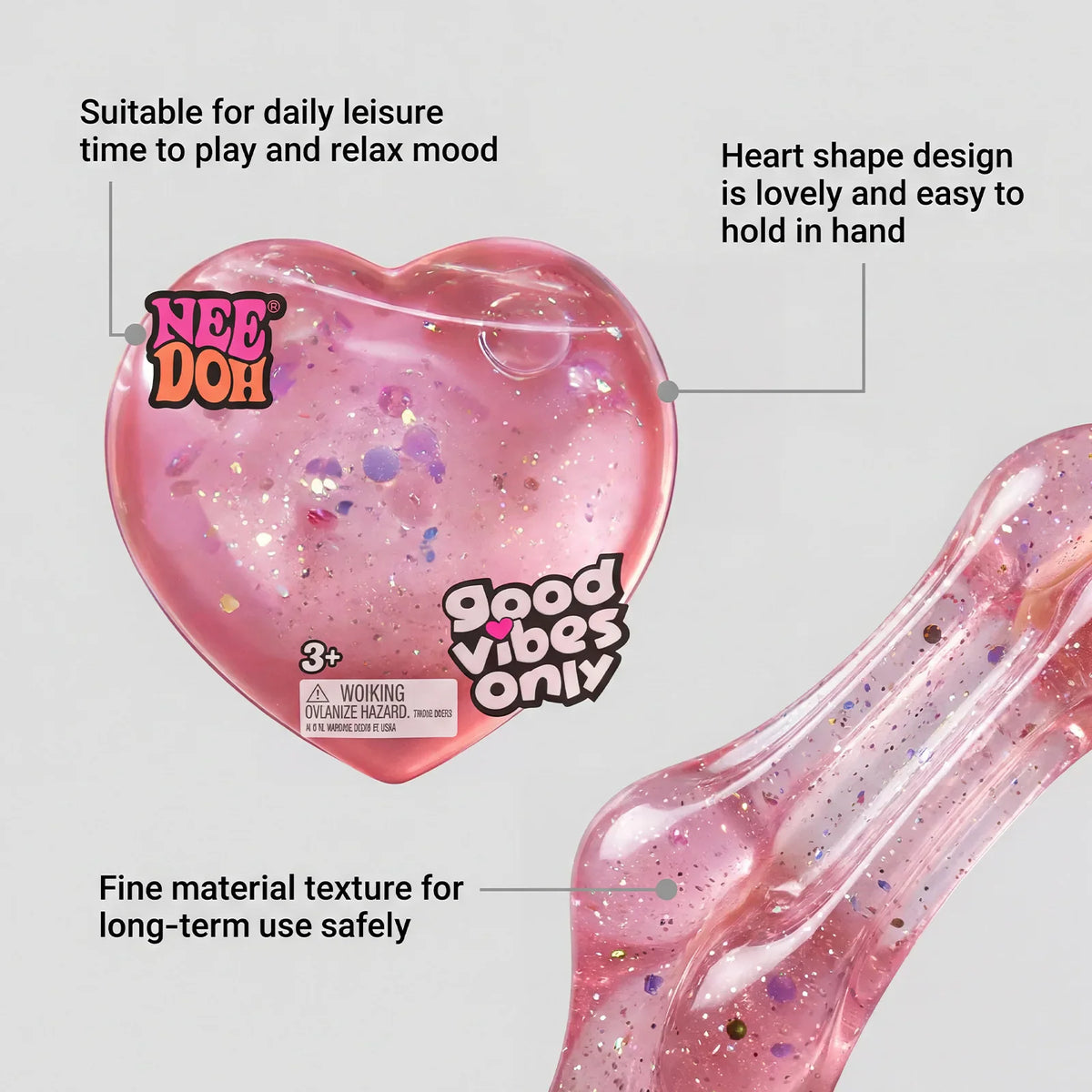 Pink heart shaped stress relief toy with feature callouts