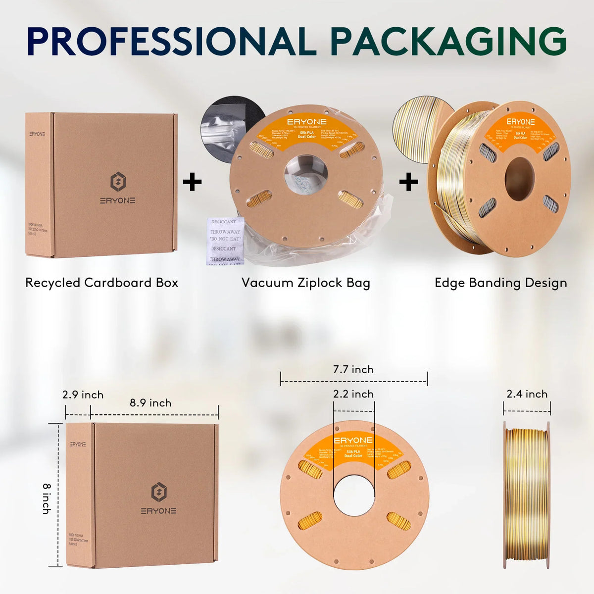 Professional packaging guide for 3D printer filament, showing cardboard box and spool with dimensions