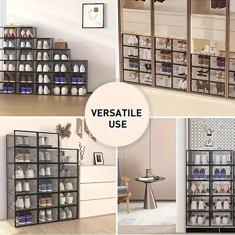 Versatile use demonstration showing transparent plastic shoe boxes used for organization in different home areas