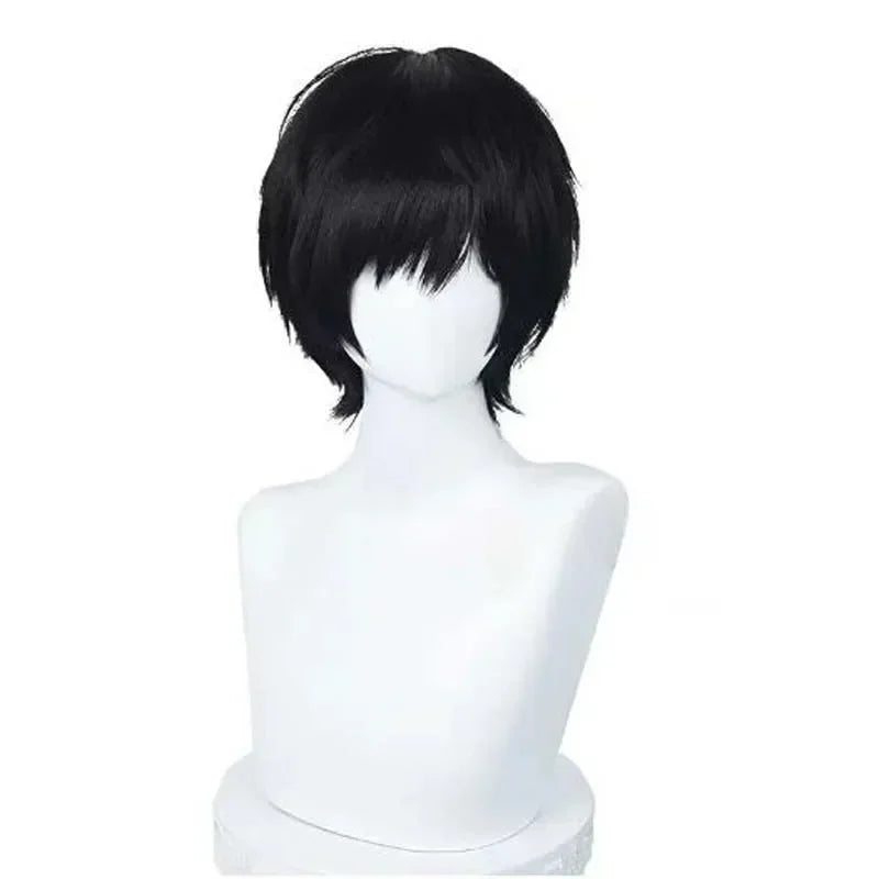 Short black layered cosplay wig on a white mannequin head, front view