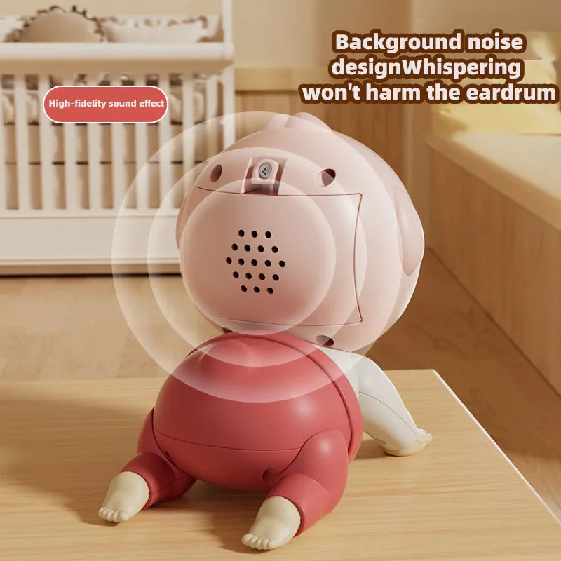 A close-up view of the back of a crawling doll toy showing its speaker and sound design features.