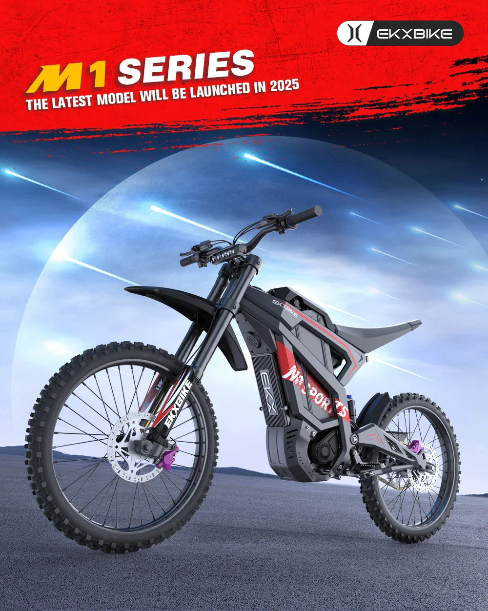 Electric dirt bike studio shot with abstract blue lighting effects