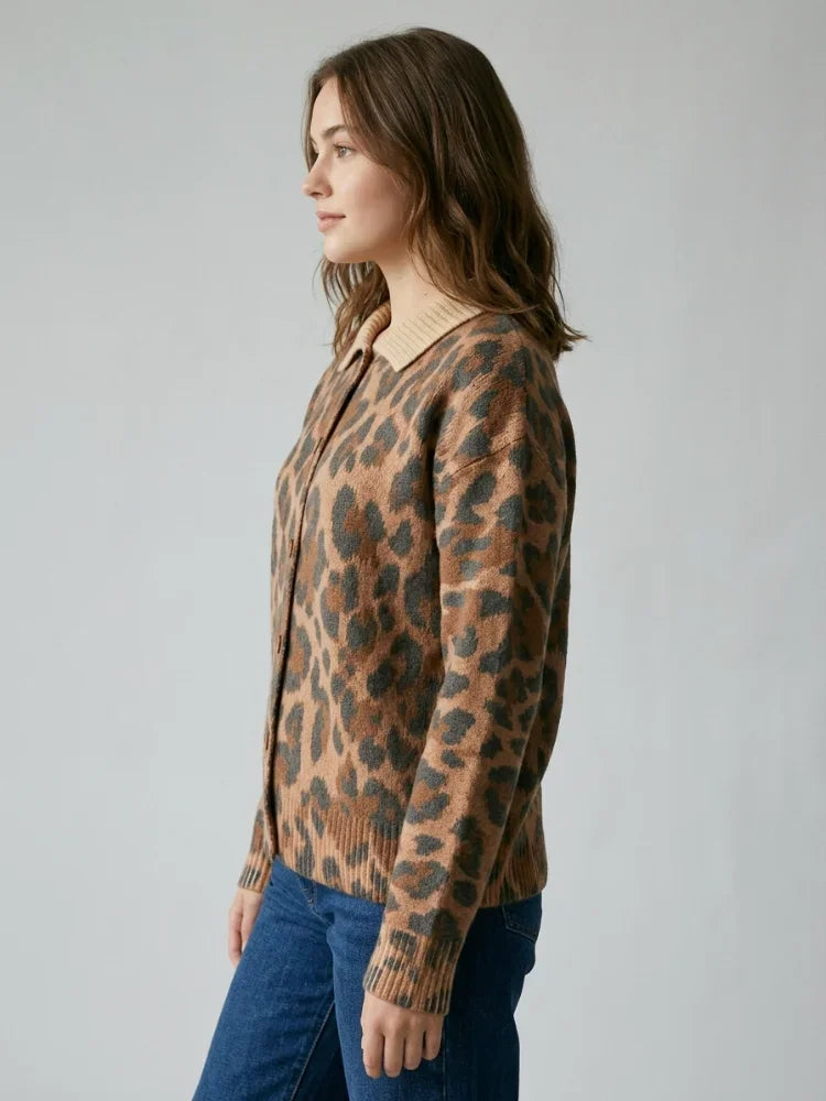 Side profile of a woman wearing a leopard print knit cardigan with a yellow collar