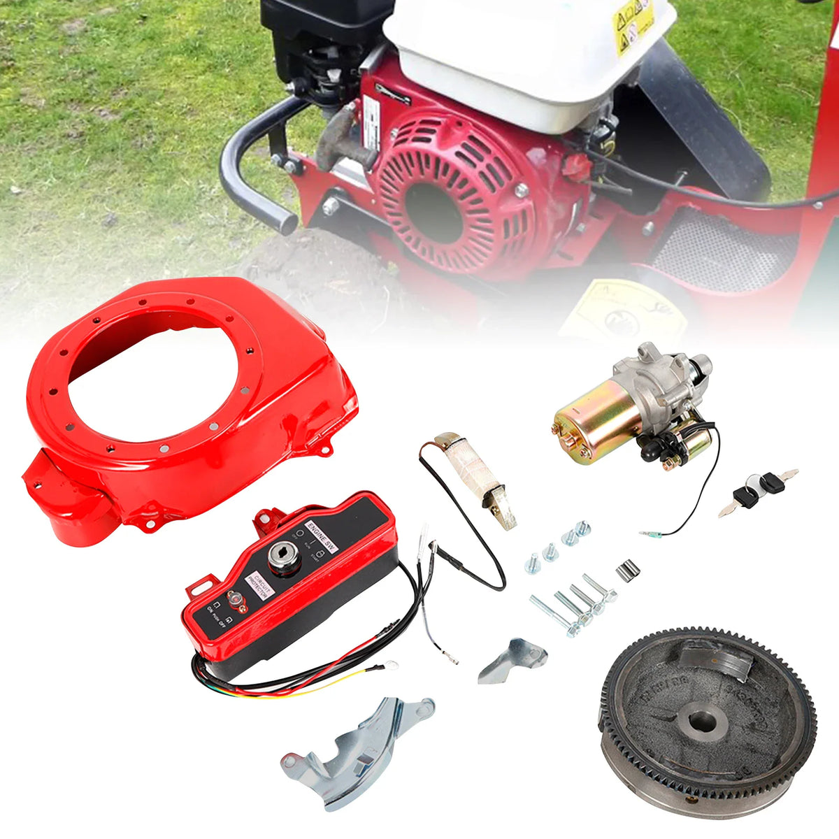 Electric start conversion kit including flywheel, starter motor, key switch box, and coil for small engines