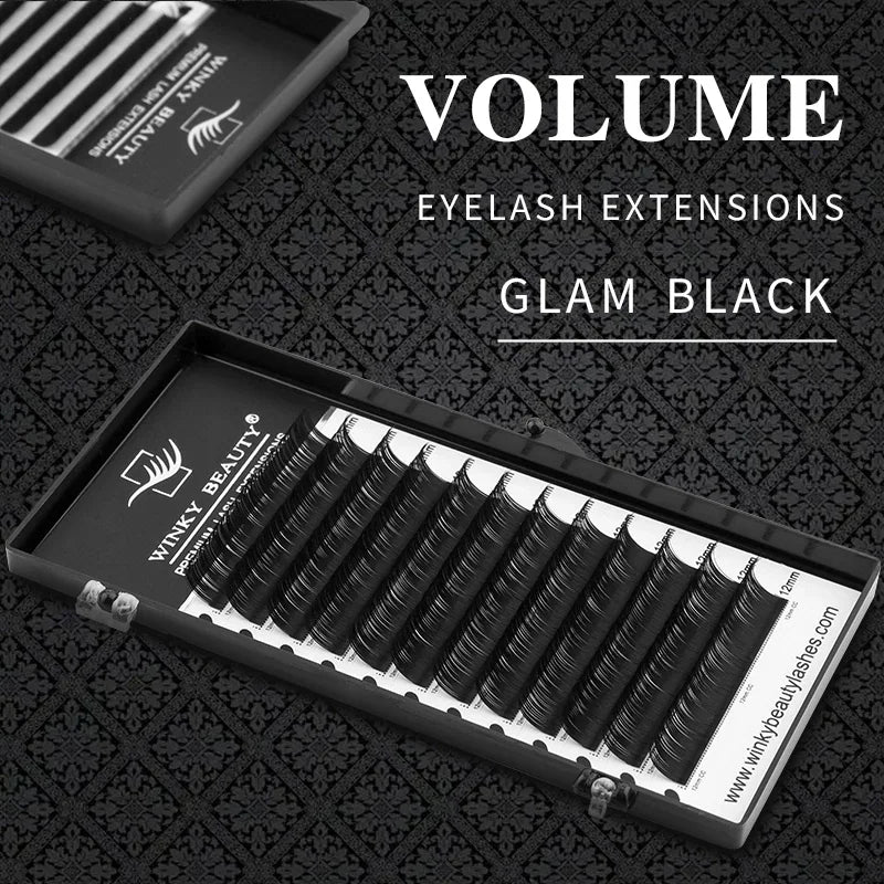 Tray of black volume eyelash extensions in multiple lengths
