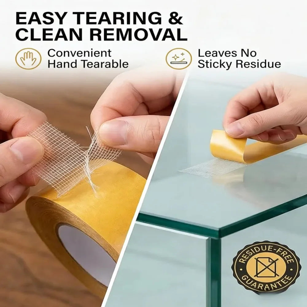 Close-up showing the easy-tear property and residue-free removal of adhesive tape from glass.