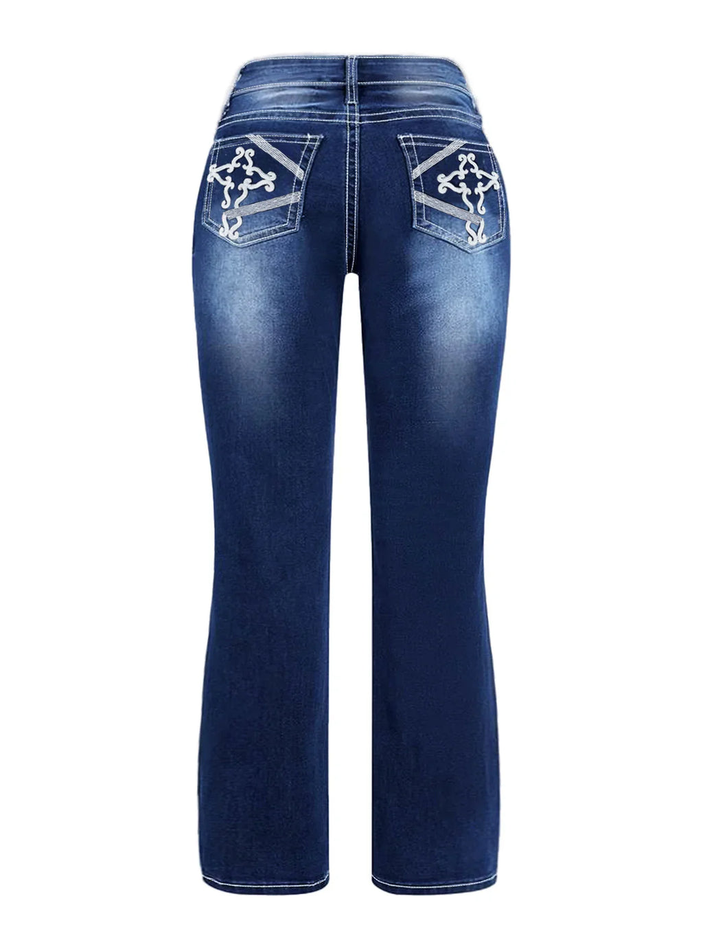 Back view of deep blue high-waisted flared jeans with white decorative embroidery on back pockets