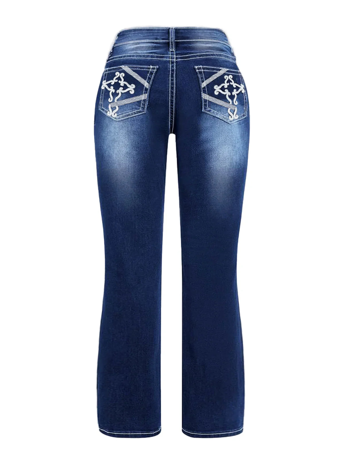 Back view of deep blue high-waisted flared jeans with white decorative embroidery on back pockets