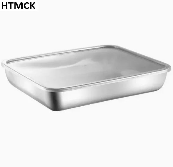 Single rectangular stainless steel food storage tray with a clear lid