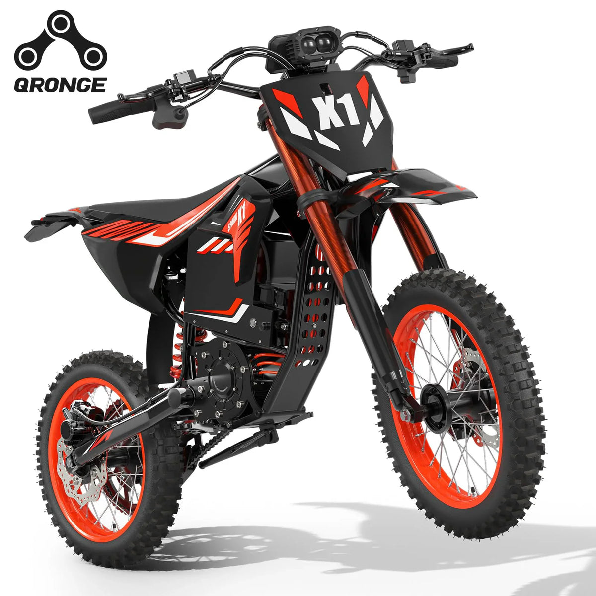 Electric dirt bike in black and red with off-road tires