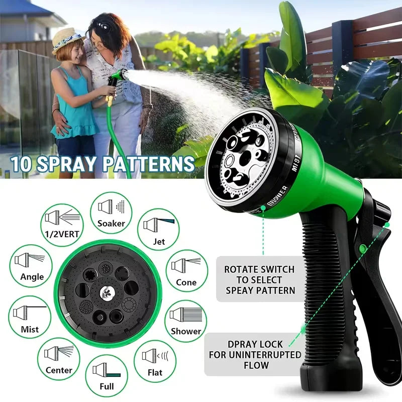 Woman holding garden hose with spray pattern selection diagram