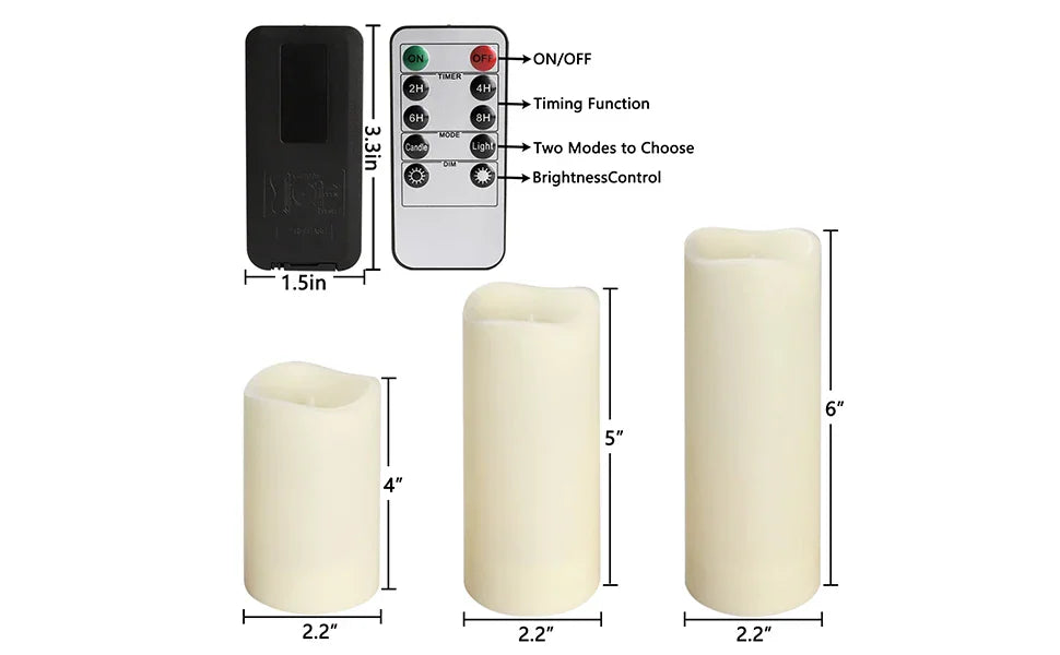 Set of three sizes of cylindrical LED candles with a remote control and dimension labels.