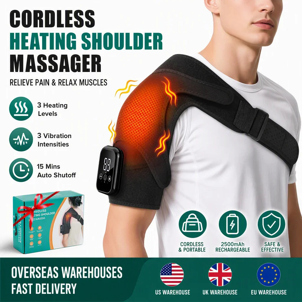 Cordless shoulder heating massager with 2500mAh rechargeable battery and 3 heat and vibration settings