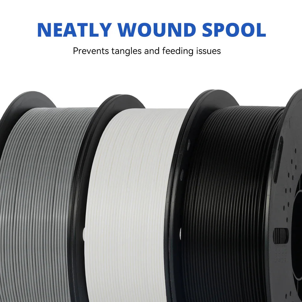 Three spools of 3D printer filament in grey, white, and black with text highlighting smooth winding.