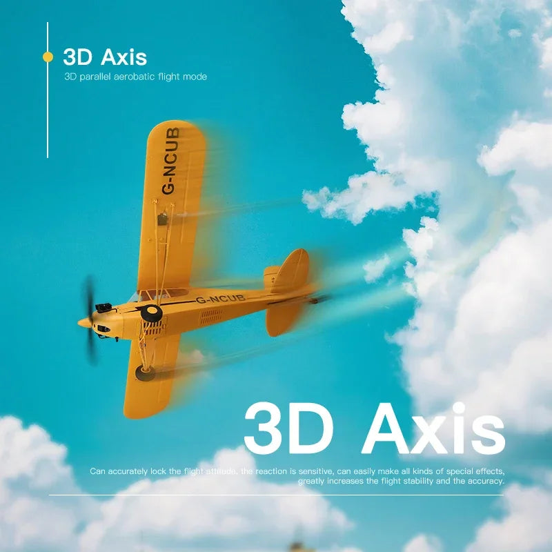 Yellow radio-controlled airplane performing 3D aerobatic flight