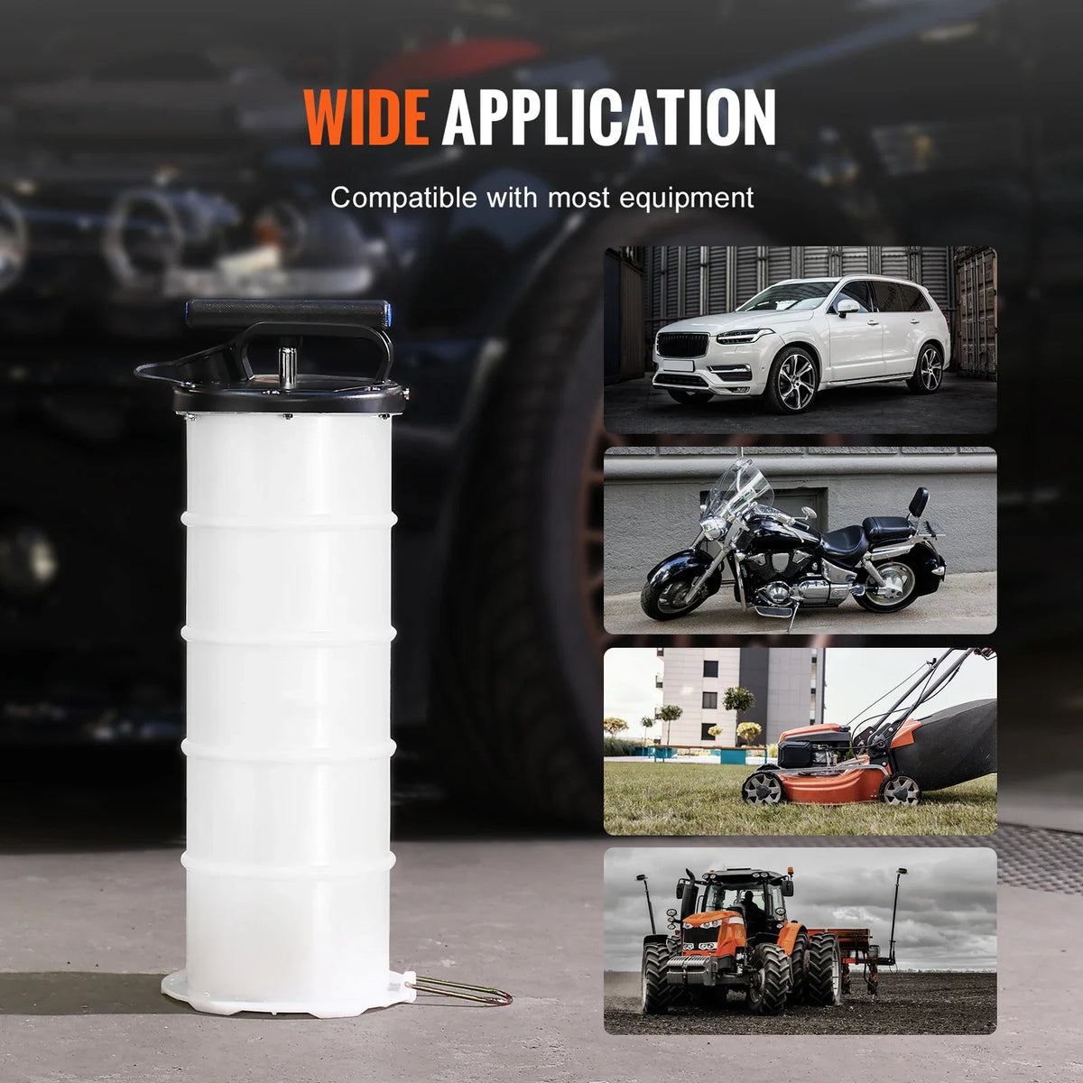 Manual fluid extractor pump shown in front of various vehicles for wide application use