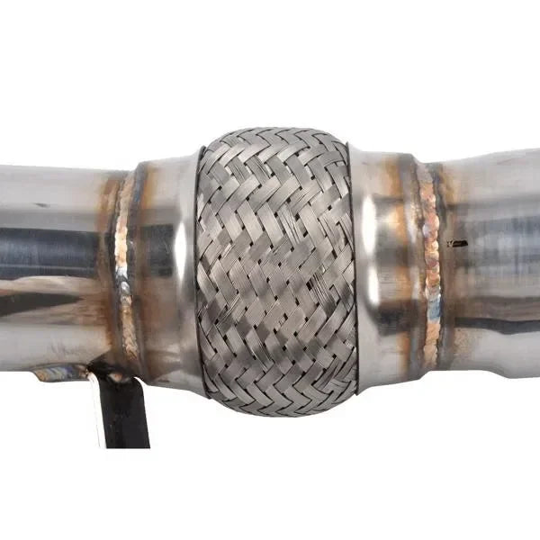Close-up of a braided flexible section on a stainless steel vehicle exhaust pipe