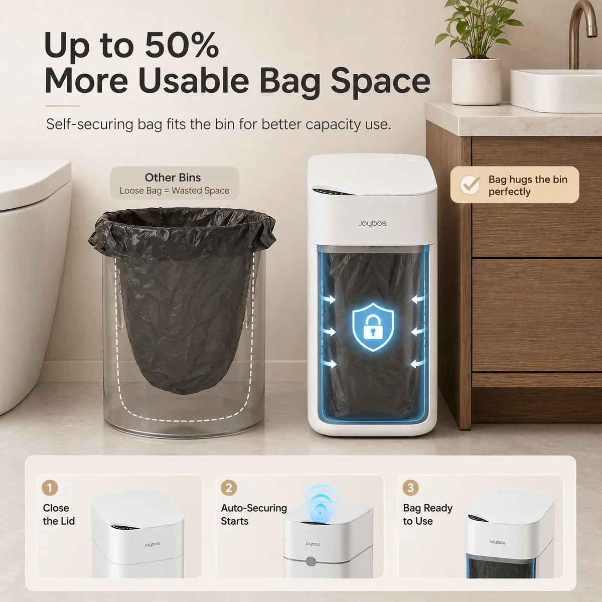 Comparison showing how a touchless trash can fits a bag more efficiently than a standard waste bin