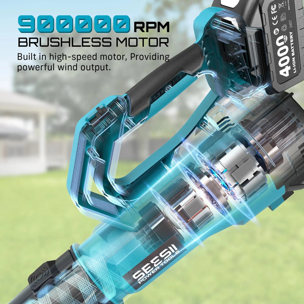 Close-up of a brushless motor leaf blower showing internal technical components.