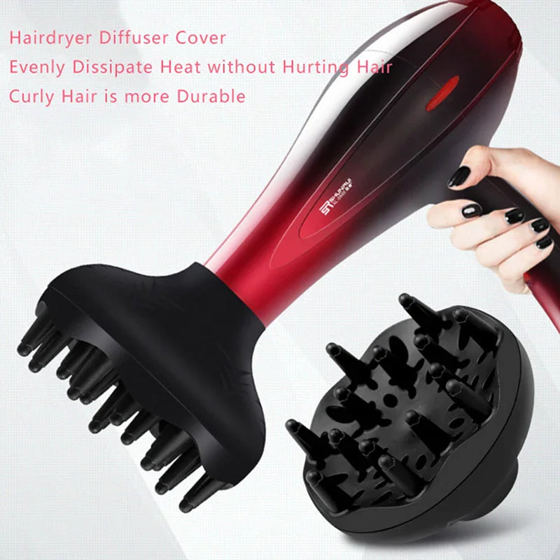 Black hair dryer diffuser attachment shown with a red hair dryer