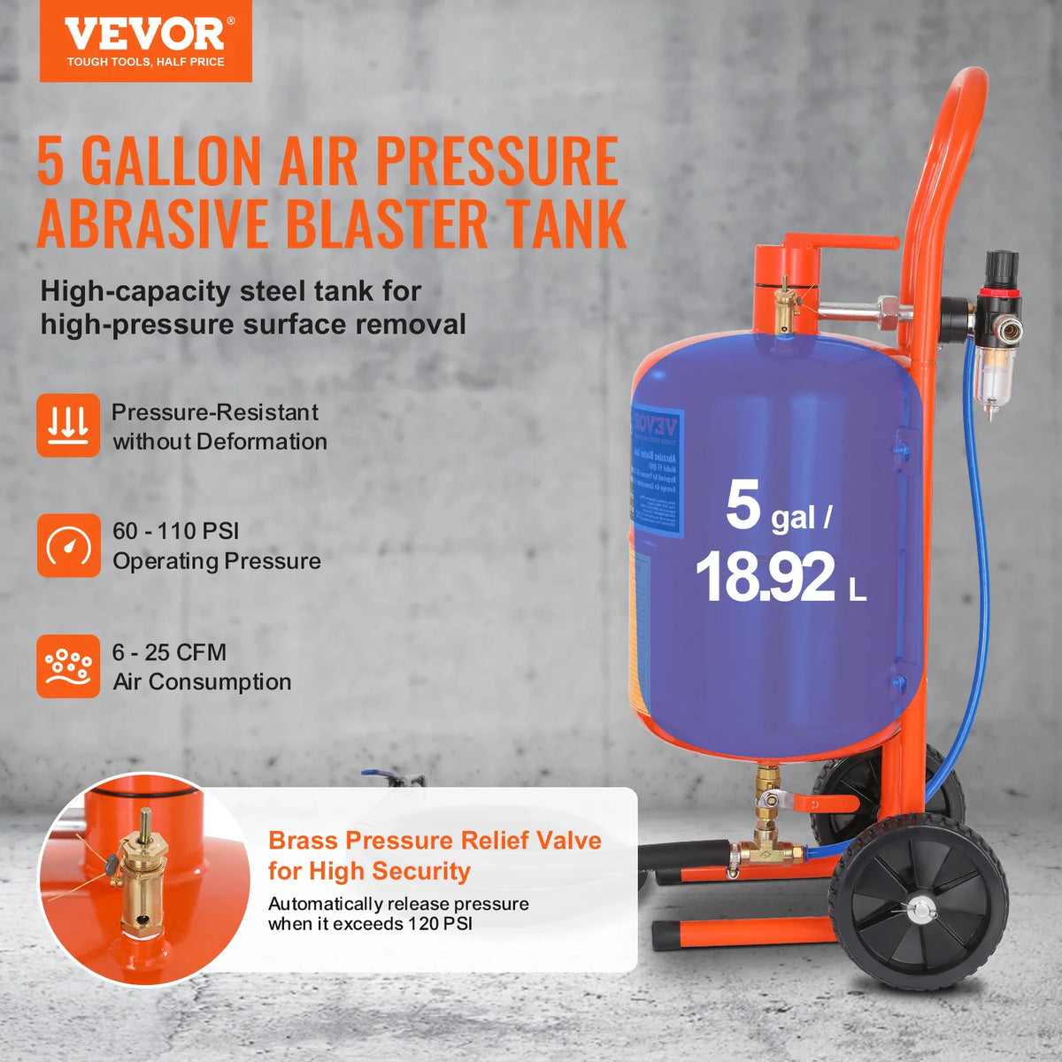 5 gallon air pressure abrasive sandblaster tank with technical specifications