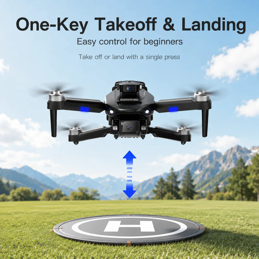 Black drone hovering above a landing pad with an H symbol