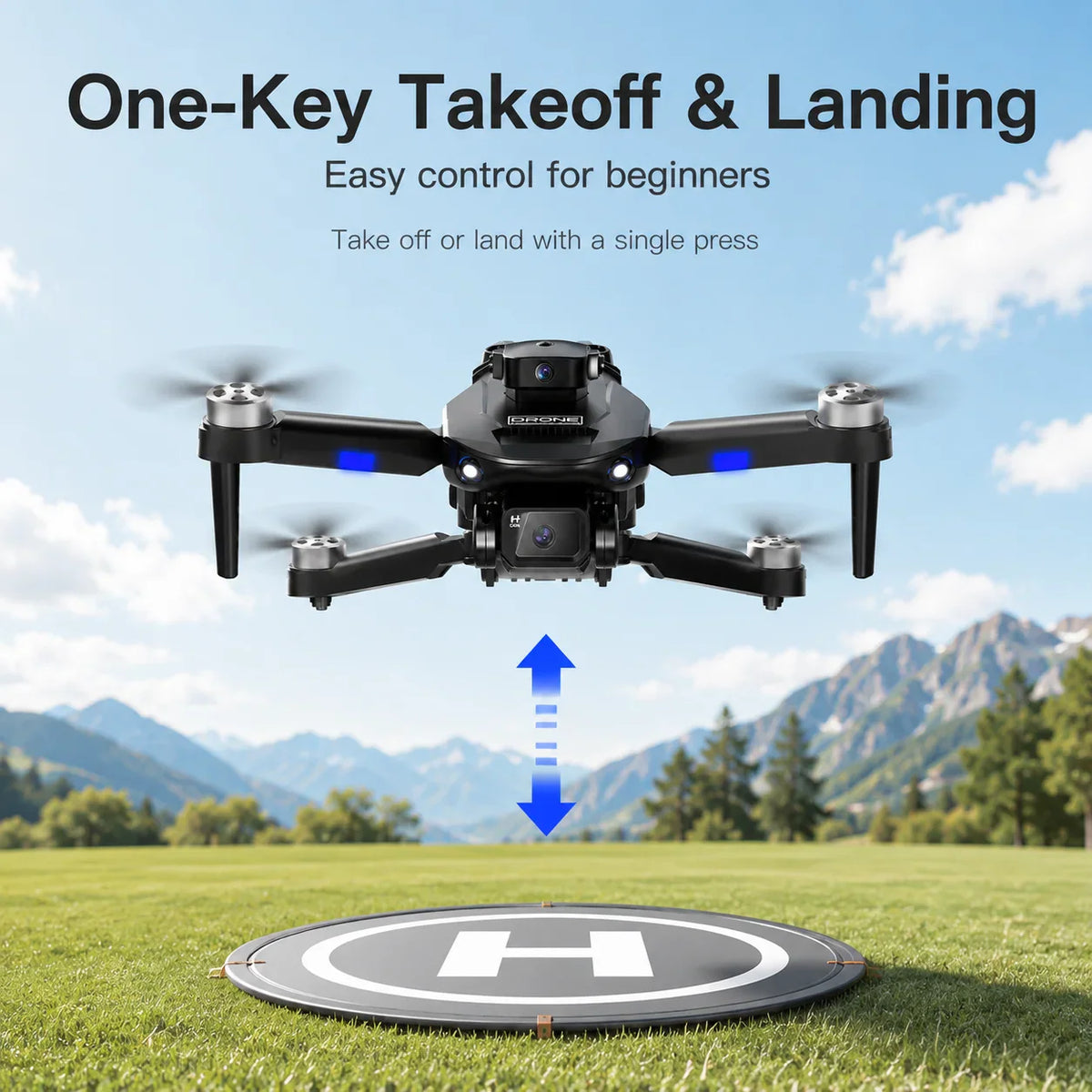 Black drone hovering above a landing pad with an H symbol