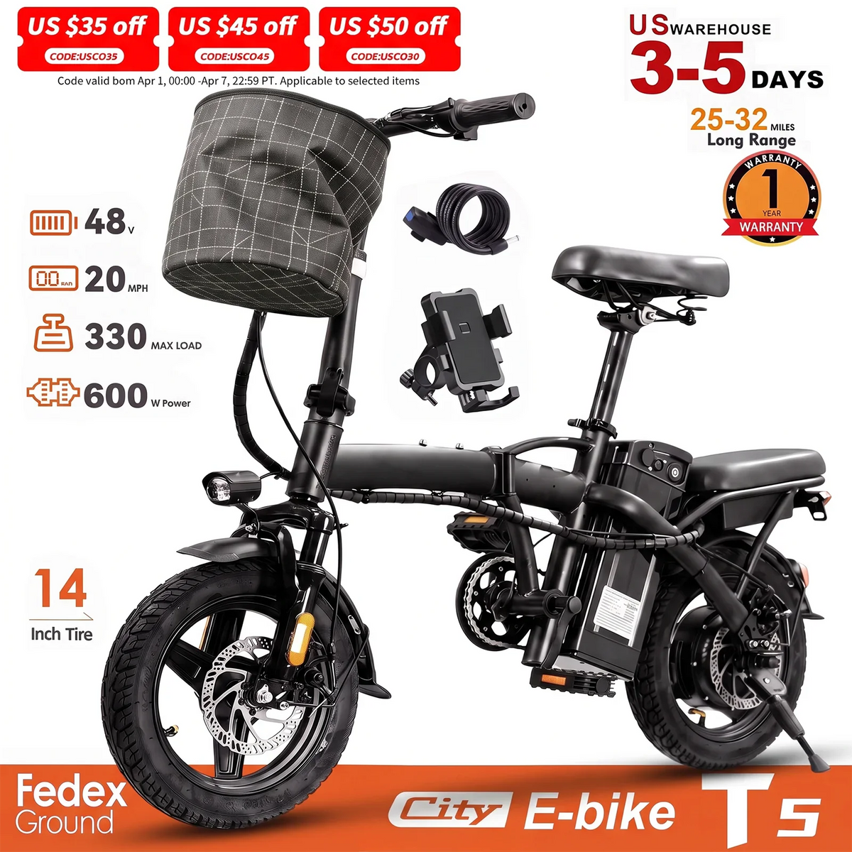 14-inch folding electric bike with a plaid basket in black