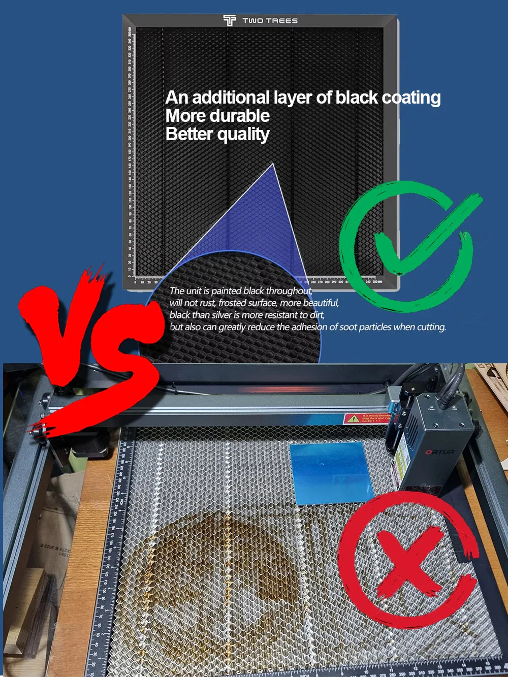 Comparison of laser cutting bed surfaces showing black versus metal finish