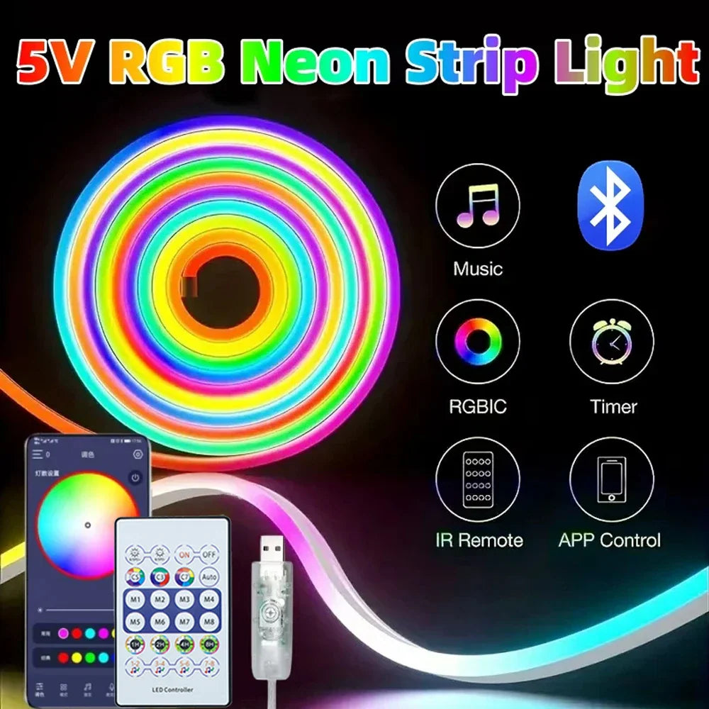 5V RGB neon LED strip light with remote, smartphone app control and music sync features