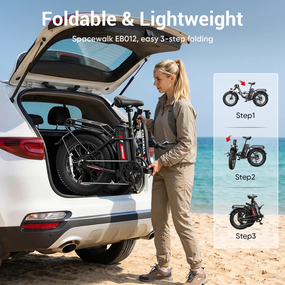 Woman loading a black foldable electric bike into the trunk of a white SUV, demonstrating the three-step folding process.